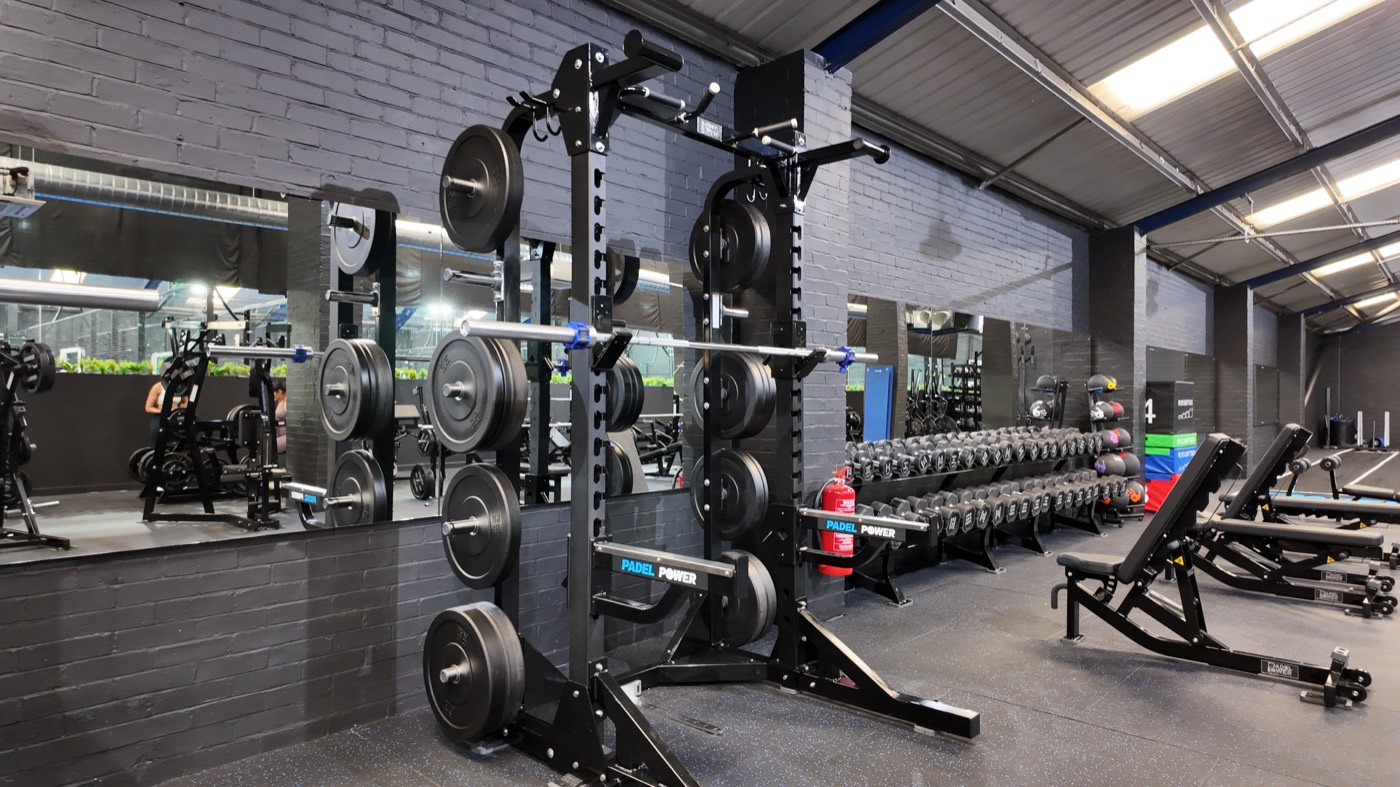 Squat rack and plates in the free weights area